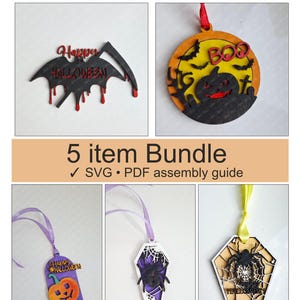Halloween Ornament SVG Bundle | 5 Designs Spider Ghost Pumpkin Bat | Laser Cut Multi-Layer | Glowforge xTool LightBurn