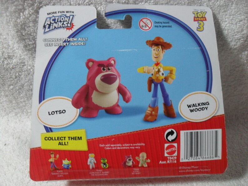 May include: A Toy Story 3 Action Links blister card featuring a pink Lotso bear figure and a Walking Woody figure. The packaging includes the text More Fun With Action Links, Connect Them All, See Insert Inside, Lotso, Walking Woody, and Collect Them All.