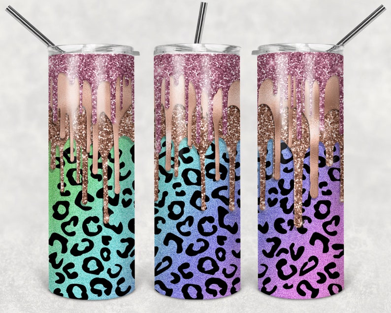 Download Rainbow Leopard Skinny Tumbler with glitter drip effect 20 ...