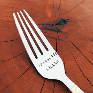 Spaghetti killer fork. Hand Stamped Fork and unique gift idea. Eat Pasta. Run Fasta. Custom stamping gift.
