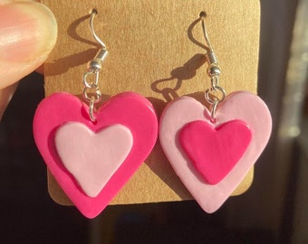 Y2K Pink Heart Dangle Earrings: Handmade Polymer Clay Mismatched