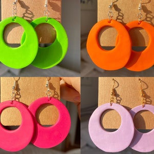 60s style neon retro hoop earrings, 50s 70s mod earrings, large lightweight handmade hoops, retro jewelry, colourful funky earrings fun