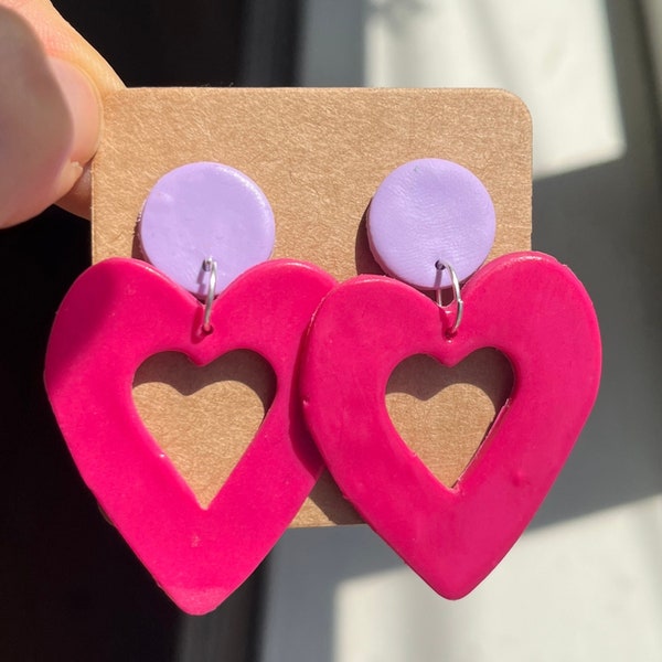 Hot pink heart earrings, 80s dangle earrings, fuchsia polymer clay stud earrings, funky statement sterling silver earrings, fun clip ons