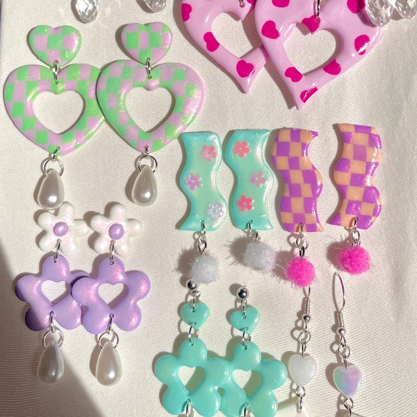 15 Dreamy aesthetic statement earrings, quirky magical pastel iridescent studs, y2k egirl, 70s pearl drop earrings, handmade dangle earrings