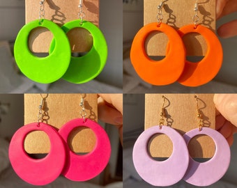 60s style neon retro hoop earrings, 50s 70s mod earrings, large lightweight handmade hoops, retro jewelry, colourful funky earrings fun