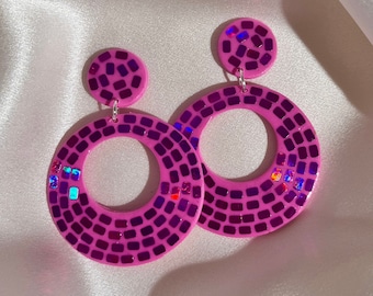 Disco Ball Earrings, Hot Pink, Hoop Earrings, Groovy 70s 80s Earrings, Funky Retro Hypoallergenic Statement Earrings, Circle Dangle Studs