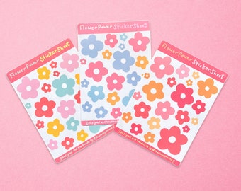 Cute flower sticker sheet, flower power retro decal, kawaii flower sticker pack, trendy kiss cut stickers, colourful vsco stickers