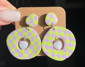 70s retro aesthetic circle earrings, fun handmade polymer clay checkerboard dangle earrings, round drops, funky big double hoops earrings