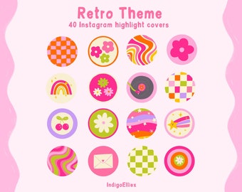 40 Retro Groovy Instagram Highlight Covers, Aesthetic IG Story Highlight Icon Pack, 70s Trendy Icons, Colorful Highlights, Bright Highlights
