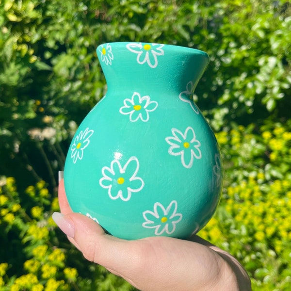 Hand Painted Ceramic Vase, Blue Daisy Hand Drawn Flowers, Seamless Pattern, Mint / Aqua Bud Vase, Cute Pottery Home Decor