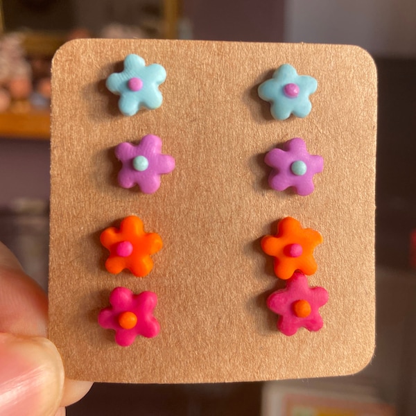 Tiny flower earrings, clay stud pack, pink orange purple colourful flower studs, daisy studs retro flowers