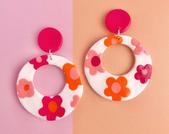 60s style retro flower power print hoop earrings, 50s mod inspired earrings, hippie jewelry, retro circles, fun earrings, 90s funky earrings