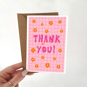 Handgemachte rosa 70er Jahre Dankeschön-Karte, leere Innenseitenkarte für Mutter, Brautjungfer, Lehrerkarte, handbemalte Blumen, Retro-Karte A5