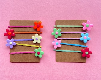 Retro flower hair clips 10Pcs/4Pcs/2Pcs, y2k hair pins, 60s 70s 90s, funky handmade colourful hair slide set of 2, cute clay clips for girls