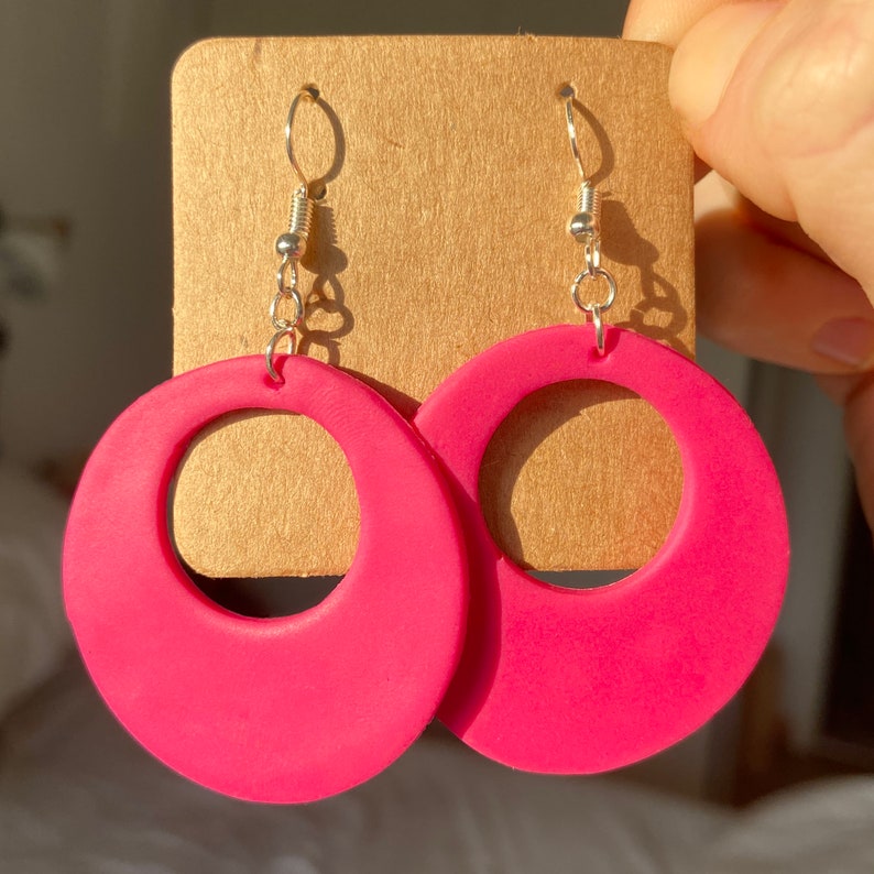 60s style neon retro hoop earrings, 50s 70s mod earrings, large lightweight handmade hoops, retro jewelry, colourful funky earrings fun Pink