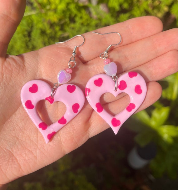 Big Pink Heart Dangle Earrings, Quirky Statement Earrings, Beaded Y2k, 00s  Aesthetic Fish Hook Earrings for Girls 