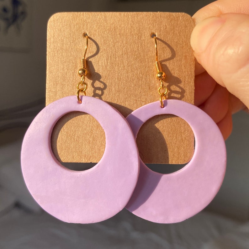 60s style neon retro hoop earrings, 50s 70s mod earrings, large lightweight handmade hoops, retro jewelry, colourful funky earrings fun Purple