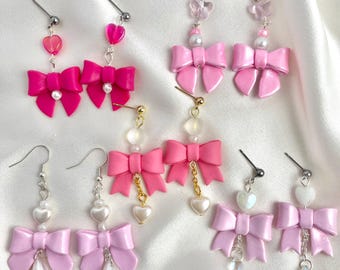 Pink Bow Dangle Earrings: Handmade Polymer Clay Coquette Jewelry