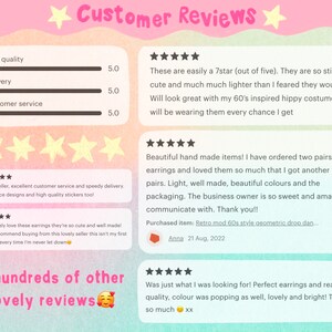 May include: A customer review graphic with a pastel color scheme. The text reads "Customer Reviews" and includes star ratings and positive feedback about product quality, delivery, and customer service. The reviews mention earrings.