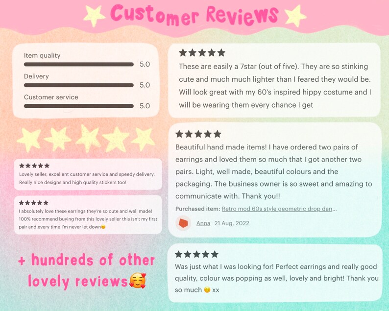 May include: A customer review graphic with a pastel color scheme. The text reads "Customer Reviews" and includes star ratings and positive feedback about product quality, delivery, and customer service. The reviews mention earrings.