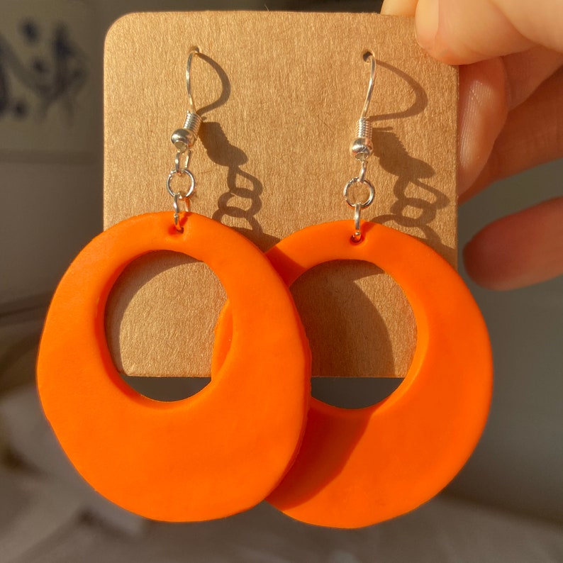 60s style neon retro hoop earrings, 50s 70s mod earrings, large lightweight handmade hoops, retro jewelry, colourful funky earrings fun Orange