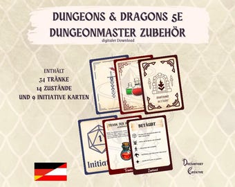 Suministros para DungeonMaster | Dungeons and Dragons 5E 2014 | Hechizos imprimibles de D&D | Pociones | Condiciones | Iniciativa | Suministros para DND | Alemán