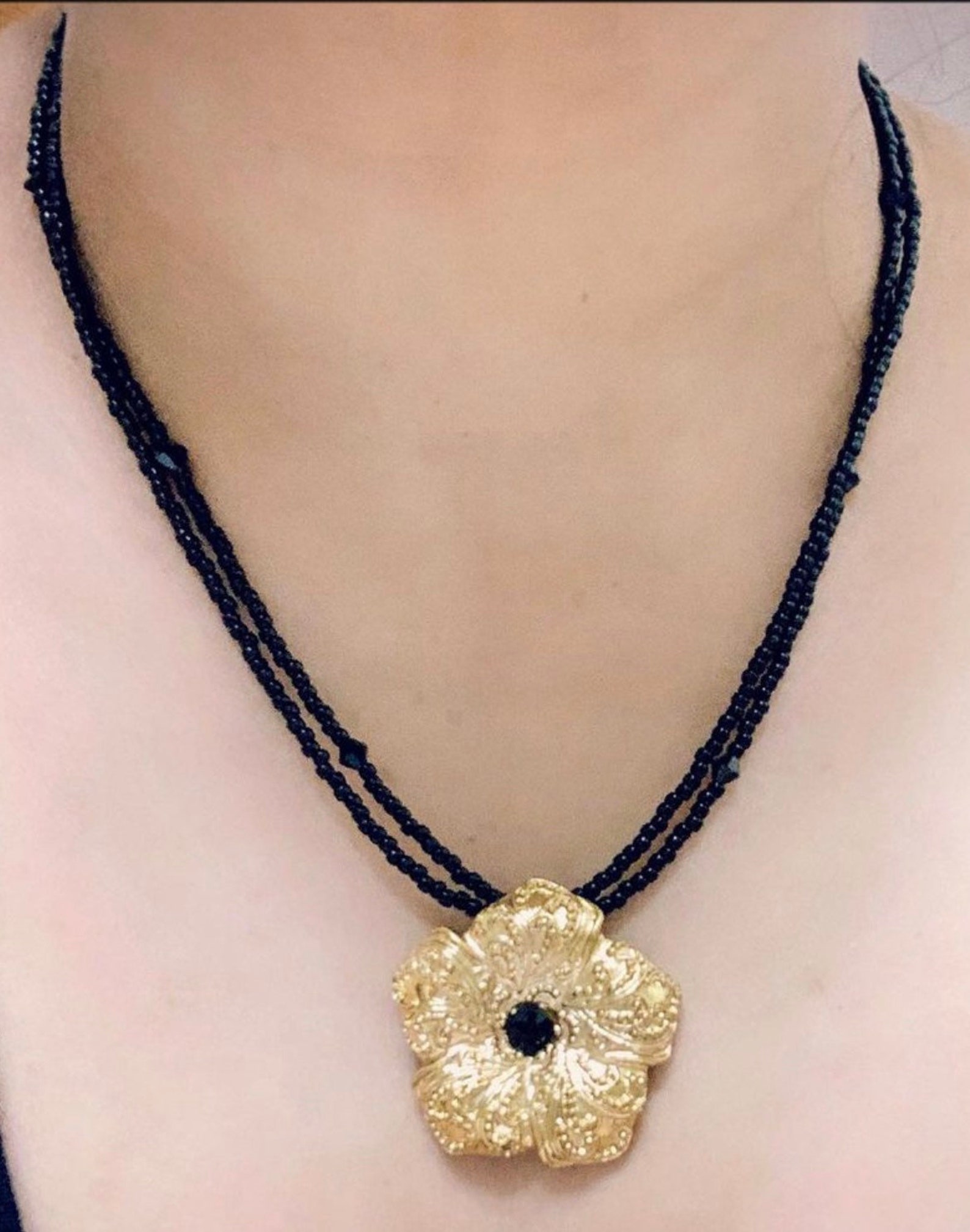 Beaded Necklace With Gold Flower Pendant - Etsy