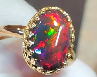 Gold ring, 14k solid gold ring, opal ring, black opal ring, black fire opal, opal, natural opal