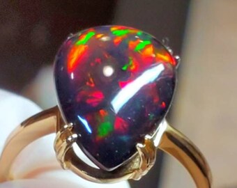 14k solid gold ring, black opal ring, opal ring ,black fire opal, opal, natural opal, real opal