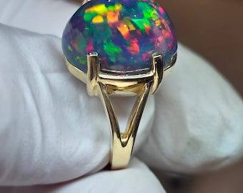 14k Solid Gold Black Opal Ring: Colorful Gemstone Engagement Ring