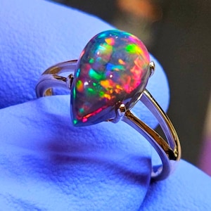 Engagement ring, 14k solid gold ring, gold engagement ring, black opal, black fire opal, opal