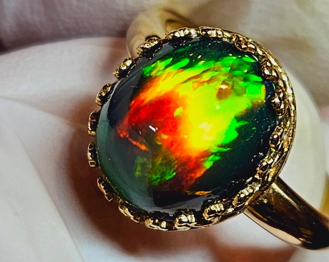 Black Fire Opal Ring, Big Opal Ring, Large Opal Ring. 14k Solid Gold