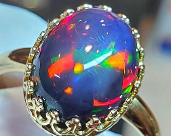 Gold ring, 14k solid gold ring, opal ring, black opal ring, black fire opal, opal, natural opal