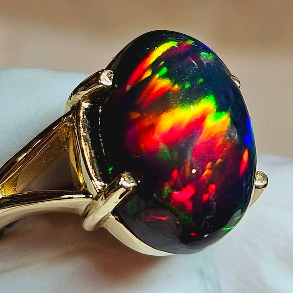 Black opal ring, 14k solid, gold ring, natural opal,  opal ring, opal jewelry, rainbow opal, black fire opal,  opal