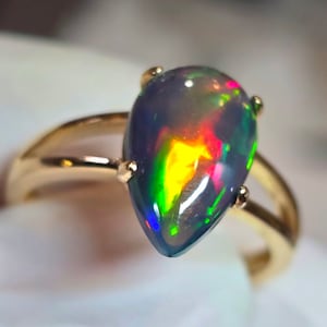 Engagement ring, 14k solid gold ring, gold engagement ring, black opal, black fire opal, opal