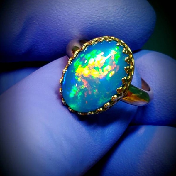 gold ring, gold opal ring, authentic opal, 14k solid gold ring, natural opal, blue opal.