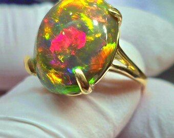 Gift for her, the ROSE ,large opal, Opal ring, 14k solid, gold ring, natural opal, dark opal ring, opal jewelry, rainbow opal, black fire