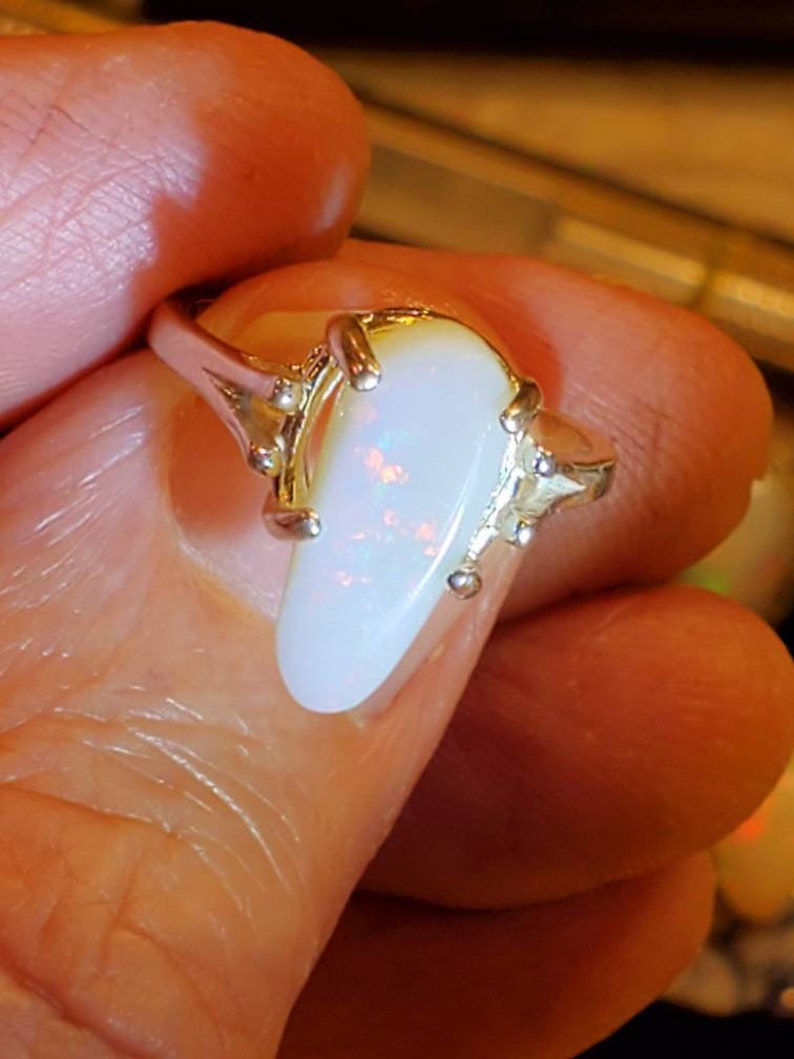fire opal Australian white opal ring opal ring size 7.5 tombstone shaped natural opal authentic opal