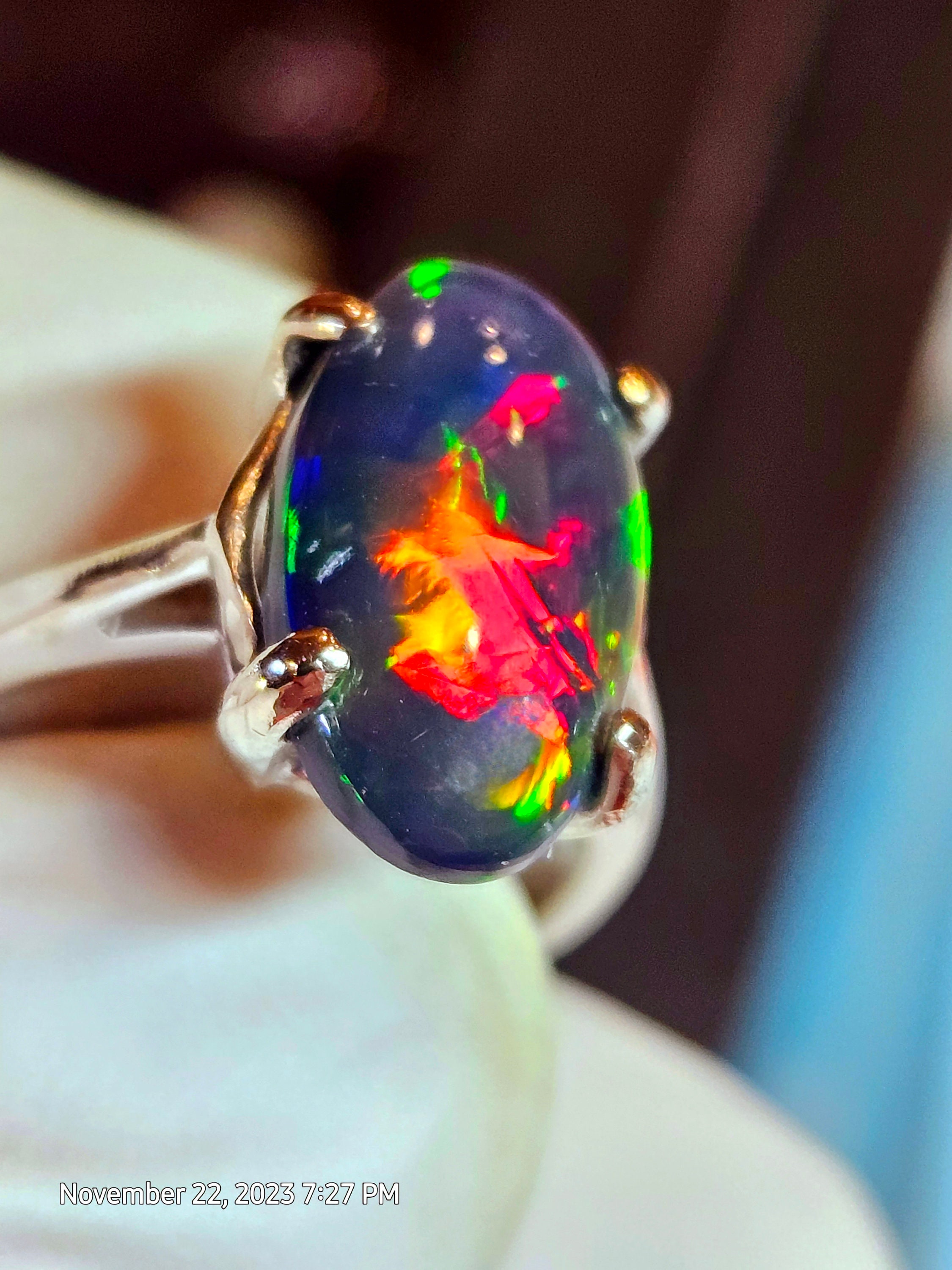 14k gold opal ring, 14k solid gold ring,black opal ring, gold ring, black fire opal ring, opal gift