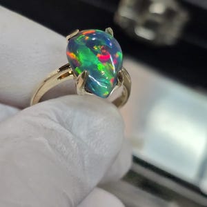 14k gold opal ring, 14k solid gold ring,black opal ring, gold ring, black fire opal ring, opal gift