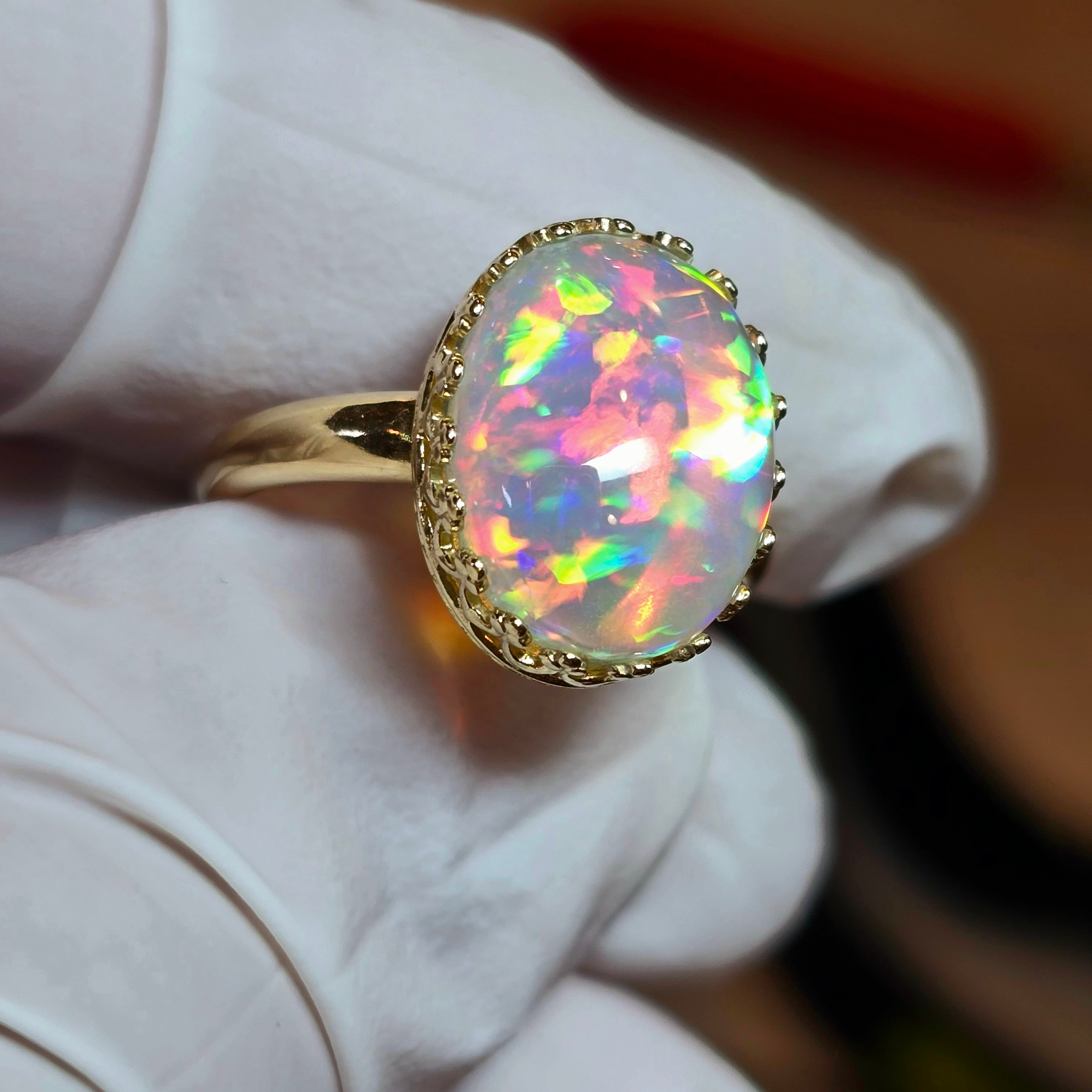 Gold ring, 14k solid gold ring, opal ring, white opal, crystal opal ring, 3D rainbow ring, opal jewelry