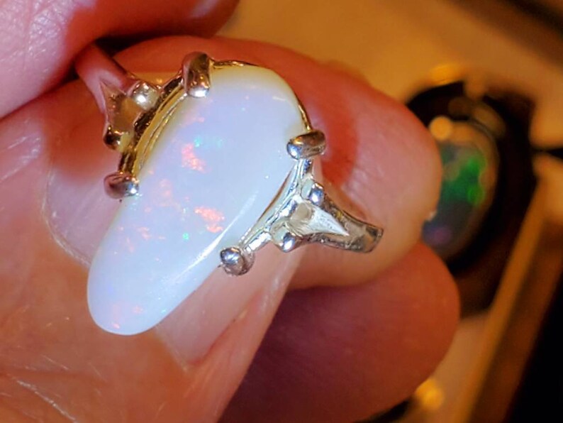 fire opal Australian white opal ring opal ring size 7.5 tombstone shaped natural opal authentic opal