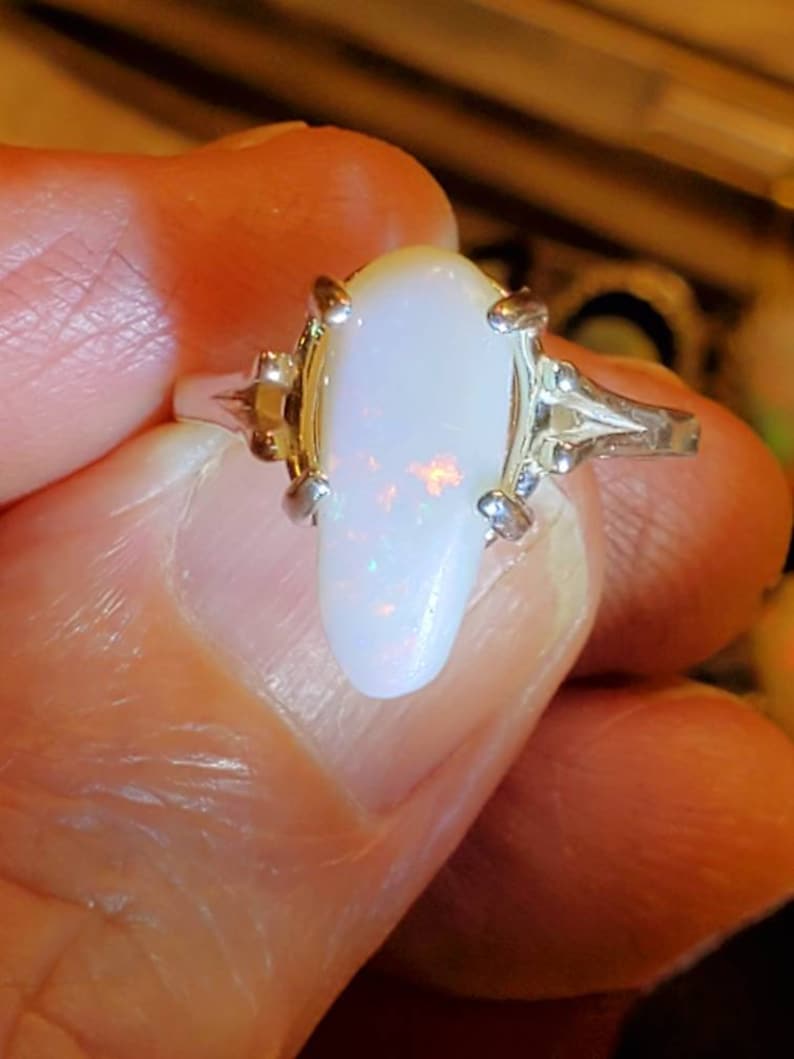 fire opal Australian white opal ring opal ring size 7.5 tombstone shaped natural opal authentic opal