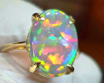 14k Gold Opal Ring: Large Oval Rainbow Fire Opal Solitaire
