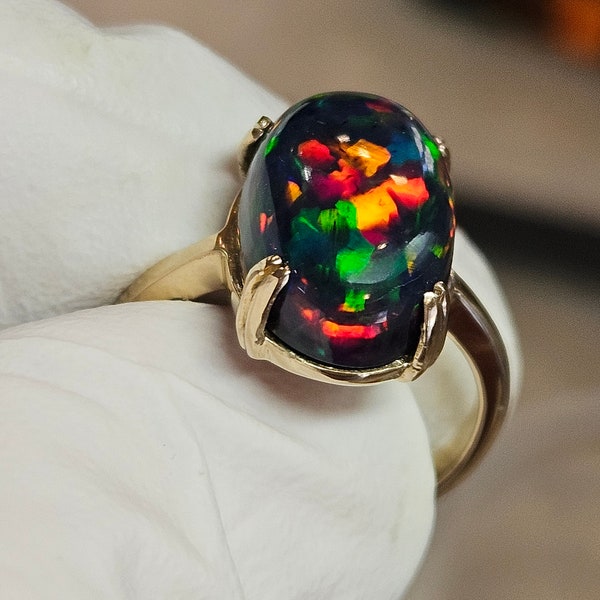14k solid gold ring, dark opal ring,  gold ring, black  opal, gold opal ring,