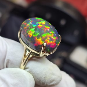 Gift for her, Opal ring, 14k solid, gold ring, natural opal, dark opal ring, opal jewelry, rainbow opal, black fire opal,  opal
