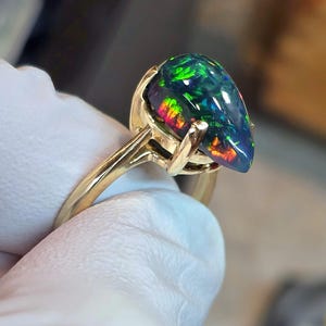 14k gold opal ring, 14k solid gold ring,black opal ring, gold ring, black fire opal ring, opal gift