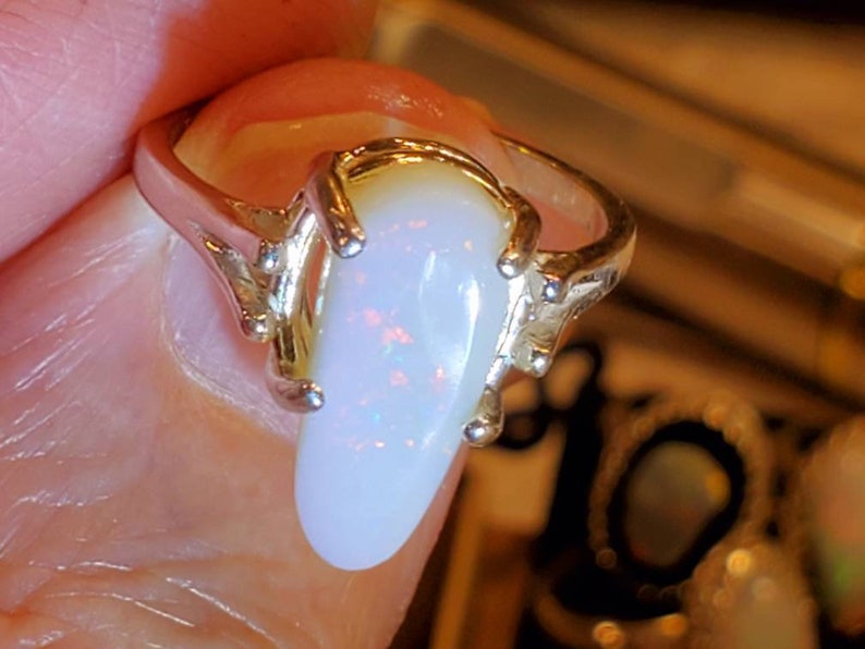 fire opal Australian white opal ring opal ring size 7.5 tombstone shaped natural opal authentic opal