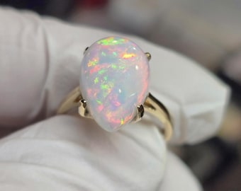 14k Solid Gold Opal Ring: Large Oval White Fire Opal