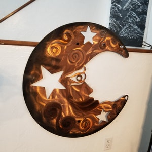 Metal Moon wall decor rustic copper patina moon - Large hand painted Moon with face gift for her, usa made plasma cut interior design art